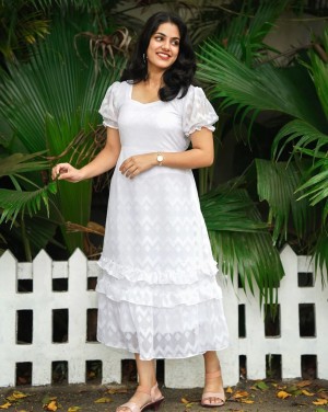 White New Fancy Georgette With Exclusive Ruffle Pattern For Gown